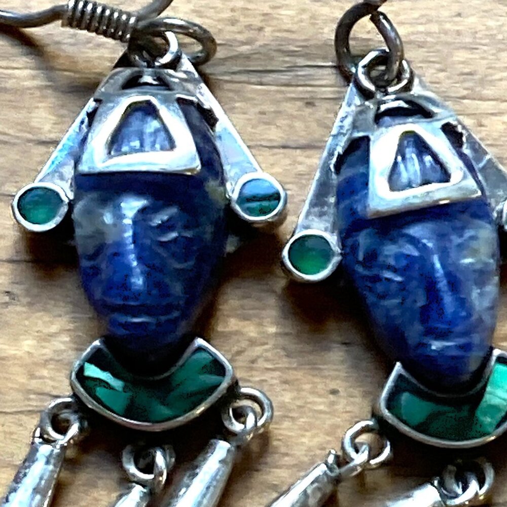 Stunning Taxco mask earrings in sterling, lapis lazuli & malachite - Picture 2 of 6